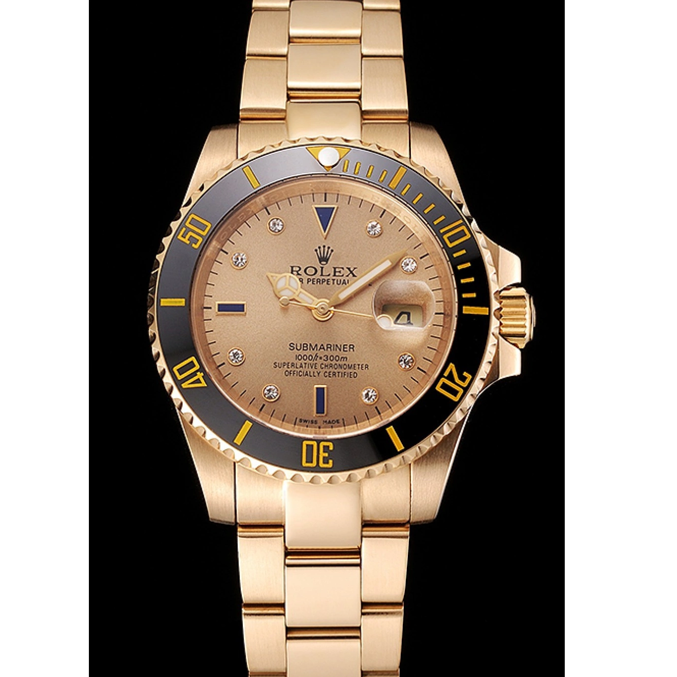 Aaa replica Black Markings Case Submariner Bracelet Bezel Diamond Yellow Dial Rolex Gold Swiss And Gold With 0718